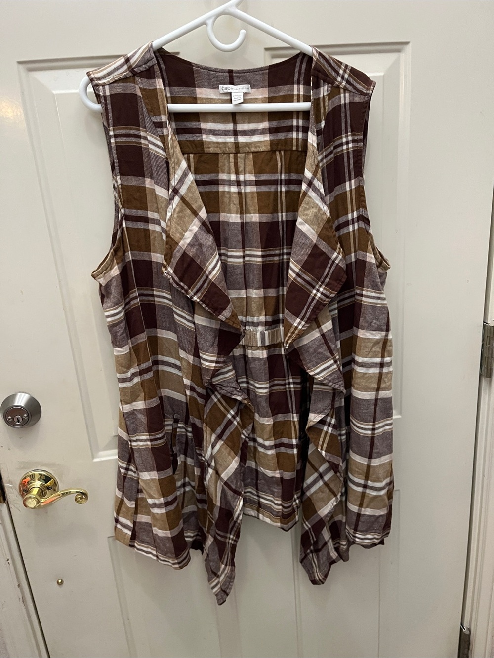 Cato Brown and Cream Plaid Sleeveless Drape Tunic Vest